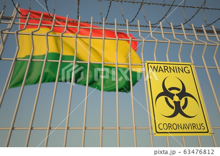 Coronavirus biohazard sign on the fence against the Bolivian flag. Quarantine in Bolivia, conceptual 3D rendering 63476812