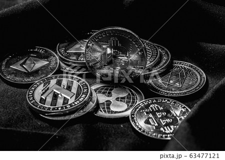 Cryptocurrency on black background. Bitcoin and blockchain system. Cryptocurrency on black background. Bitcoin and blockchain system. 63477121