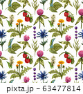 Watercolor wildflowers seamless pattern with the different meadow flowers. Clover, blue thistle, raspberry, dandelion pattern. Vibrant summer floral pattern. Perfect for the textile and wallpapers. 63477814