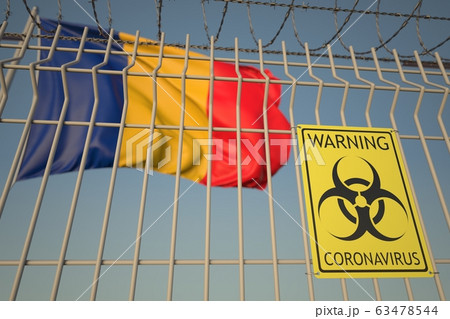 Coronavirus warning sign on the fence on the Romanian flag background. Quarantine in Romania, conceptual 3D rendering Coronavirus warning sign on the fence on the Romanian flag background. Quarantine in Romania, conceptual 3D rendering 63478544