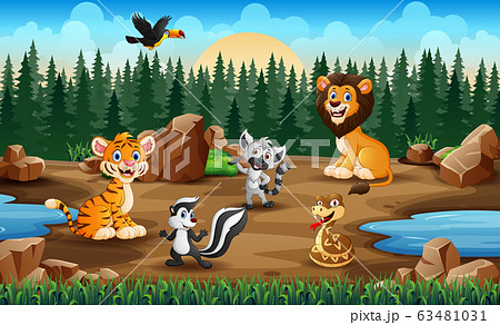 Scene with wild animals in the savanna field 63481031