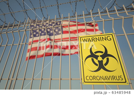 Coronavirus biohazard sign on the fence against the American flag. Quarantine in the USA, conceptual 3D rendering 63485948