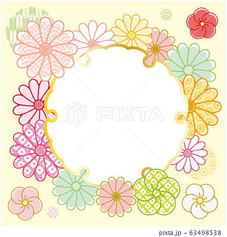 縁起物 菊と梅の花のフォトフレーム 雪輪 背景 クリーム色のイラスト素材