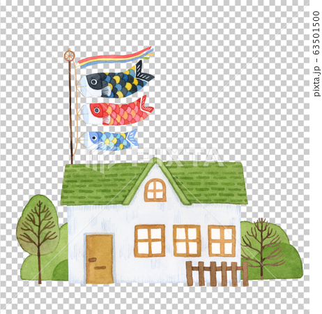 手描き水彩｜子供の日　鯉のぼりと緑の屋根のお家イラスト 63501500