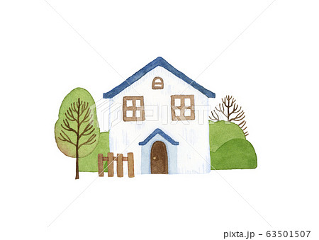 手描き水彩 小さな青い屋根のお家 イラストのイラスト素材