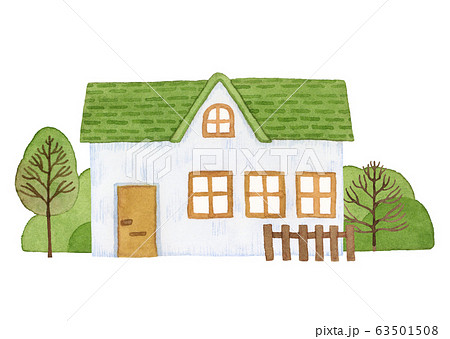 手描き水彩 小さな緑の屋根のお家 イラストのイラスト素材