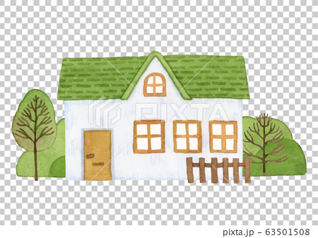手描き水彩｜小さな緑の屋根のお家　イラスト 63501508