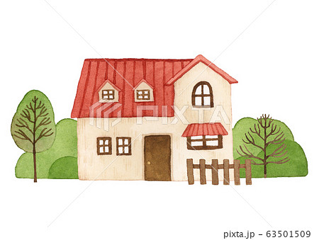 手描き水彩 小さな赤い屋根のお家 イラストのイラスト素材