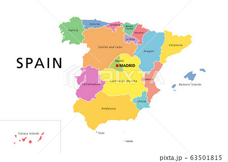 Spain political map with colored administrative divisions. Kingdom of Spain with the capital Madrid and the autonomous communities. English labeling. Isolated illustration on white background. Vector. 63501815