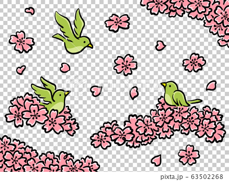 桜とウグイスの手描きイラストセットのイラスト素材