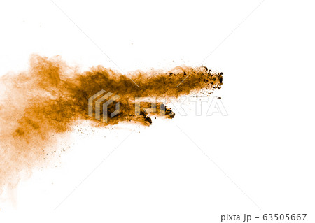 Brown dust explosion cloud.Brown particles splatter on white background. 63505667