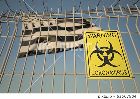 Biohazard coronavirus sign on the barbed wire fence near flag of Brittany, a region of France. COVID-19 quarantine related 3D rendering Biohazard coronavirus sign on the barbed wire fence near flag of Brittany, a region of France. COVID-19 quarantine related 3D rendering 63507904