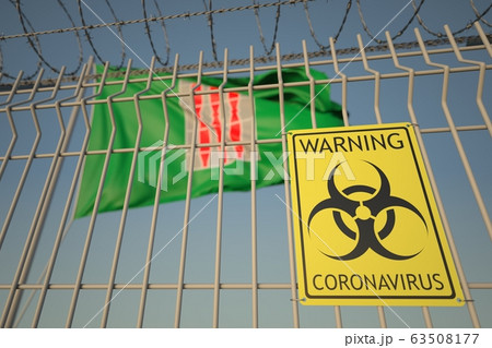 Coronavirus warning sign on the barbed wire fence near flag of Umbria, a region of Italy. COVID-19 quarantine related 3D rendering Coronavirus warning sign on the barbed wire fence near flag of Umbria, a region of Italy. COVID-19 quarantine related 3D rendering 63508177