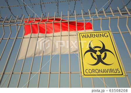 Coronavirus warning sign on the barbed wire fence near flag of Hesse, a state of Germany. COVID-19 quarantine related 3D rendering 63508208