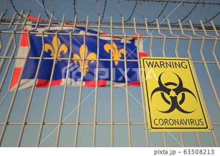 Coronavirus warning sign on the barbed wire fence near flag of Centre-Val de Loire, a region of France. COVID-19 quarantine related 3D rendering 63508213
