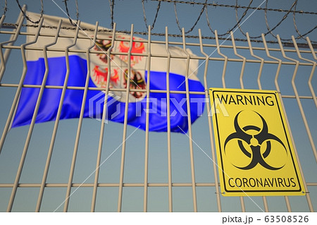 Coronavirus warning sign on the barbed wire fence near flag of Trentino-Alto Adige, a region of Italy. COVID-19 quarantine related 3D rendering 63508526