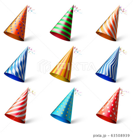 Colorful party hats. Realistic different festive headwear 63508939