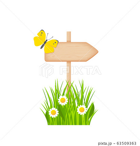 Wooden arrow signboard on a pole at the spring Wooden arrow signboard on a pole at the spring 63509363