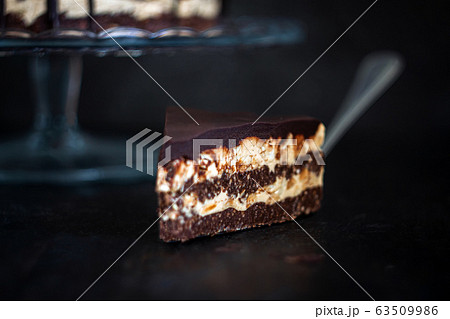 Slice and chocolate cake layers with butter-cream-nut cream with chocolate drips on a glass stand on Slice and chocolate cake layers with butter-cream-nut cream with chocolate drips on a glass stand on 63509986