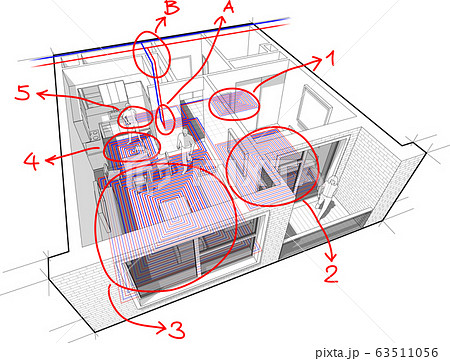 diagram of a one bedroom apartment completely furnished with hot water underfloor heating and central heating pipes as source of heating energy with hand drawn notes  63511056