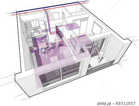 Perspective cutaway diagram of a one bedroom apartment completely furnished with hot water underfloor heating and central heating pipes as source of heating energy 63511057