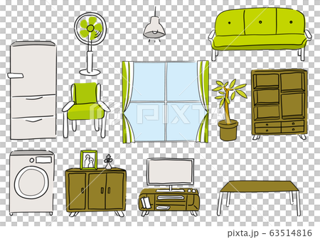 ソファーやテレビ 冷蔵庫や観葉植物など家具のセットのイラスト素材