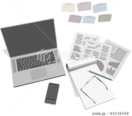 ベクターイラスト ビジネス オフィス デスク パソコン スマートフォン グラフ テレワーク 背景透明のイラスト素材