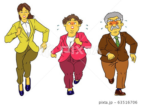 走る若い女性社員とぽっちゃり女性社員とシニア男性社員３セット 63516706