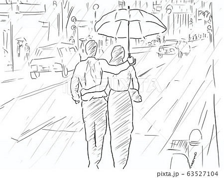 雨の日の街と傘をさすカップル 恋愛 恋 幸せイメージ 線画 ラフ画 塗りなしのイラスト素材