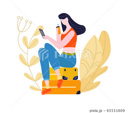Tourist girl sitting on baggage in airportmaking selphie before traveling, journey isolated on white flat vector illustration. 63531609