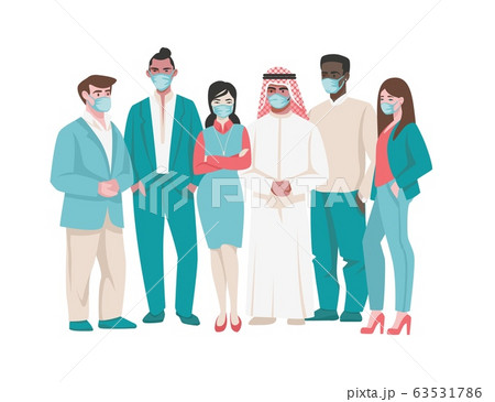 People in medical mask. Cartoon diverse characters in medical face masks, coronavirus prevention and quarantine. Vector air pollution and dise 63531786