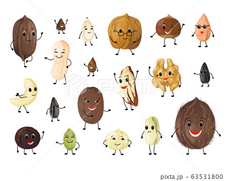 Nuts cartoon characters. Cute mascot persons for kids illustration, peanut walnut hazelnut pistachio almond macadamia pecan cashew. Vector set Nuts cartoon characters. Cute mascot persons for kids illustration, peanut walnut hazelnut pistachio almond macadamia pecan cashew. Vector set 63531800