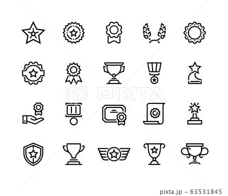 Award line icons. Winner reward, trophy medal and competition medal, premium quality symbol. Vector winner cup and prize set 63531845
