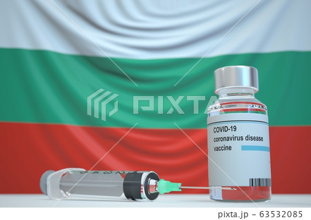 Coronavirus vaccine and syringe on the Bulgarian flag background. Medical research and vaccination in Bulgaria, 3D rendering 63532085