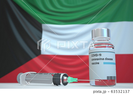 COVID-19 coronavirus disease vaccine vial and syringe against the Kuwaiti flag. Medical research and vaccination in Kuwait, 3D rendering COVID-19 coronavirus disease vaccine vial and syringe against the Kuwaiti flag. Medical research and vaccination in Kuwait, 3D rendering 63532137