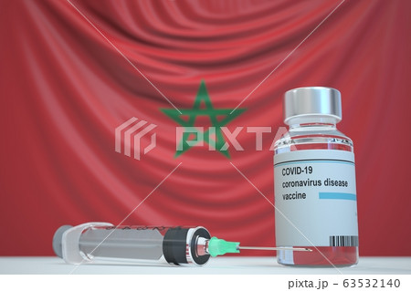 COVID-19 coronavirus disease vaccine vial and syringe against the Moroccan flag. Medical research and vaccination in Morocco, 3D rendering 63532140
