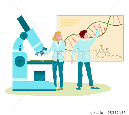 DNA laboratory research, scientists looking at DNA chart with microscope, biotechnology, medicine isolated on white cartoon vector illustration. DNA laboratory research, scientists looking at DNA chart with microscope, biotechnology, medicine isolated on white cartoon vector illustration. 63532185