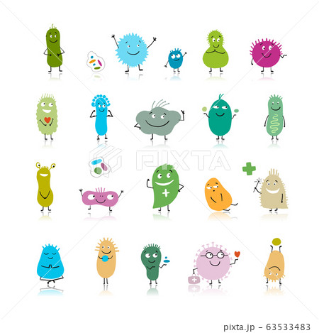 Funny and scary bacteria characters isolated on white. Vector icons of gut and intestinal flora, germs, virus. 63533483