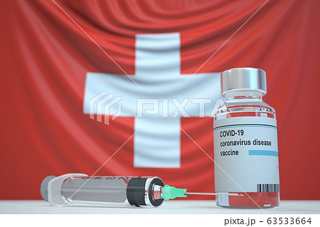 COVID-19 coronavirus disease vaccine vial and syringe against the Swiss flag. Medical research and vaccination in Switzerland, 3D rendering 63533664