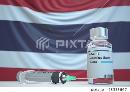 COVID-19 coronavirus disease vaccine vial and syringe against the Thai flag. Medical research and vaccination in Thailand, 3D rendering 63533667