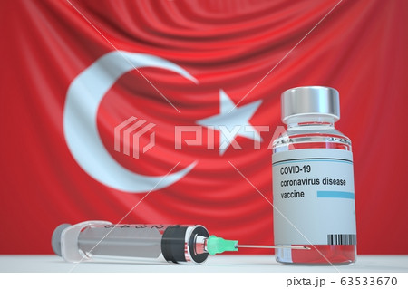 Coronavirus vaccine and syringe on the Turkish flag background. Medical research and vaccination in Turkey, 3D rendering 63533670