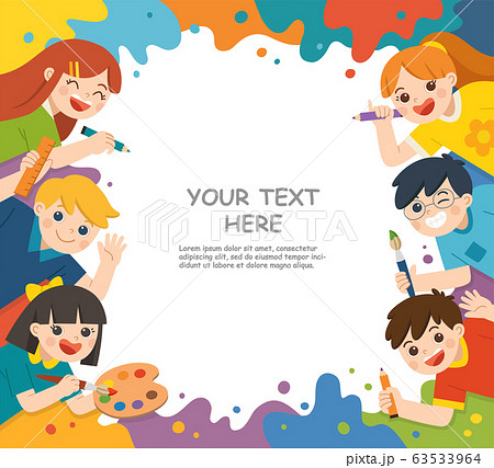 Cute children have fun and ready to get painting together. Template for advertising brochure.  63533964