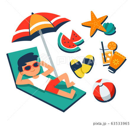 A boy sunbathing on a beach chair with tropical beach elements.  63533965