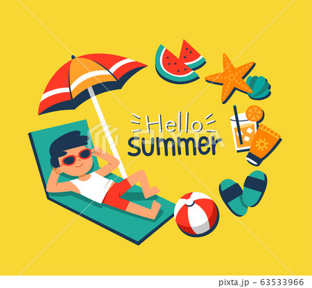 A boy sunbathing on a beach chair with tropical beach elements. 63533966