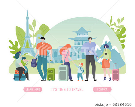 Group of tourists on sightseeing trip, happy family and couple with suitcase, people cartoon characters, vector illustration 63534616