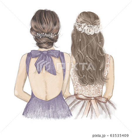 Bride with bridesmaid side by side, wedding invitation. Hand drawn illustration in vintage style 63535409