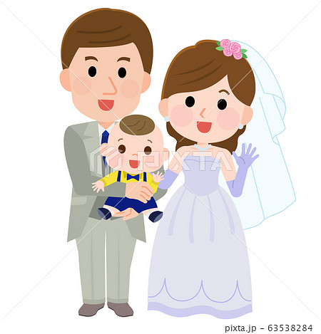 子連れ結婚式 披露宴 新郎新婦と子供 イラストのイラスト素材