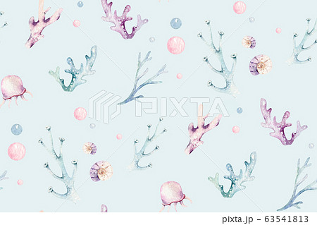 Sea Animals Blue Watercolor Ocean Seamless のイラスト素材