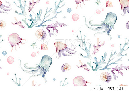 Sea animals blue watercolor ocean seamless pettern fish, turtle, whale and coral. Shell aquarium background. Nautical starfish marine illustration Sea animals blue watercolor ocean seamless pettern fish, turtle, whale and coral. Shell aquarium background. Nautical starfish marine illustration 63541814