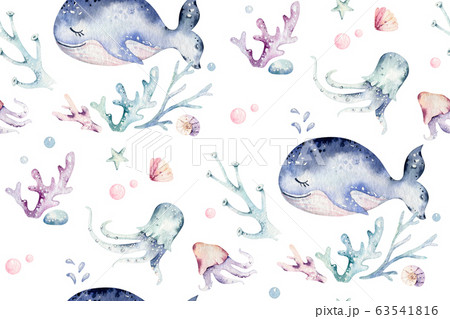 Sea Animals Blue Watercolor Ocean Seamless のイラスト素材 Sea Animals Blue Watercolor Ocean Seamless のイラスト素材